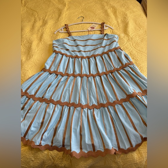 H082 Entro L pp18 unstretched Scalloped Light Blue and Tan Mini Dress side zip - Picture 6 of 12